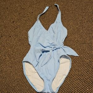 Anne Cole Sky Blue One Piece Halter Neck Faux Wrap Swimsuit Bathing Suit Beach